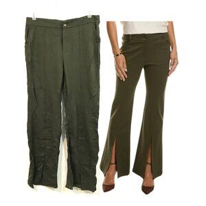 High Waisted Wide Leg Pants Pockets Front Split Flare Leg Olive Green Knit XL